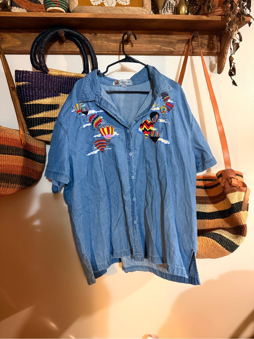 Vintage Denim Button Down Shirt with Hot Air Balloon Embroidery